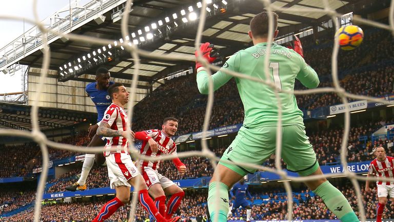 Antonio Rudiger heads home Chelsea's first goal against Stoke City