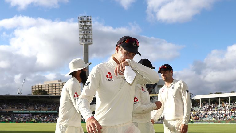 PERTH, AUSTRALIA - DECEMBER 16: Joe Root of England leaves the ground at stumps during day three of the Third Test match during the 2017/18 Ashes Series be