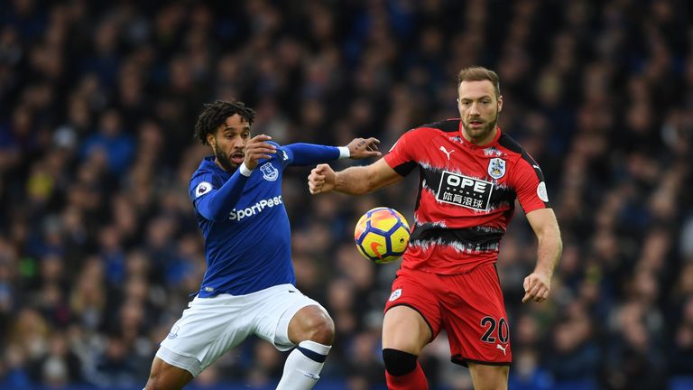 Laurent Depoitre of Huddersfield Town is challenged by Ashley Williams of Everton during the Premier League match 