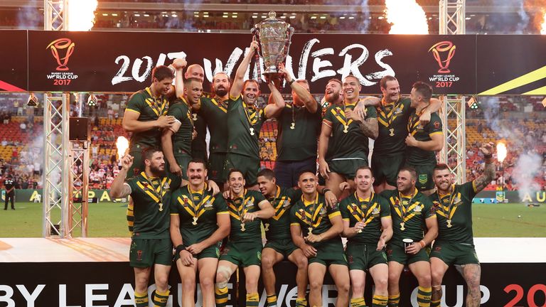 The Kangaroos celebrate with the trophy after winning the 2017 Rugby League World Cup Final