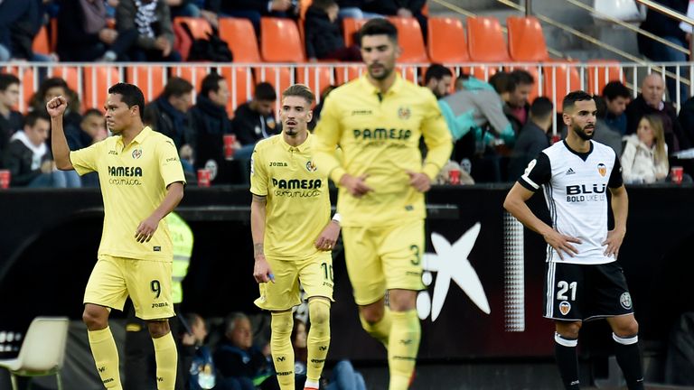 Villarreal's Colombian forward Carlos Bacca (L) celebrates after scoring during the Spanish league football match Valencia CF and Villarreal CF at Mestalla