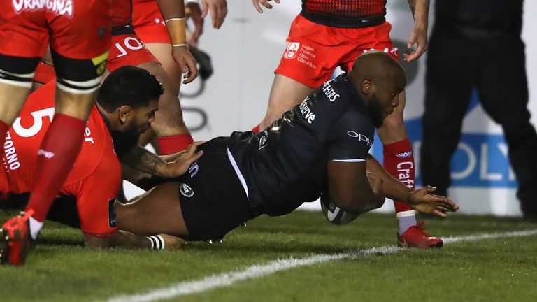 Beno Obano scores Bath's first try in their Champions Cup clash with Toulon
