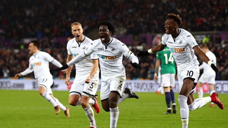 SWANSEA, WALES - DECEMBER 09: Wilfried Bony of Swansea City celebrates after scoring his sides first goal during the Premier League match between Swansea C