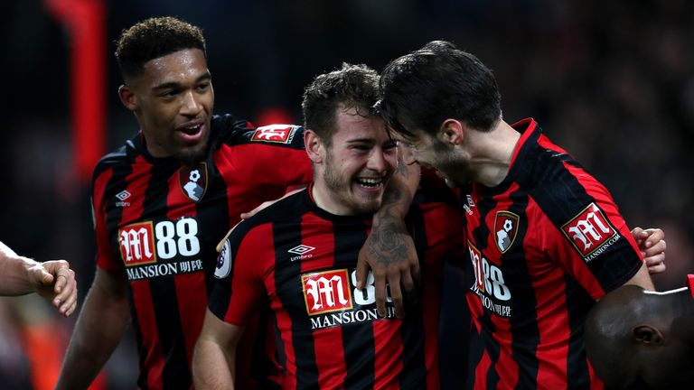BOURNEMOUTH, ENGLAND - DECEMBER 30:  Ryan Fraser (C) of AFC Bournemouth celebrates scoring his team's second goal with team mates during the Premier League