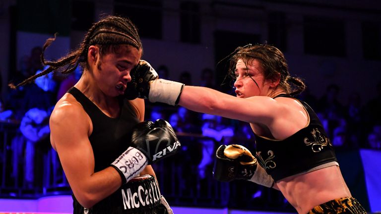 Katie Taylor in action against Jessica McCaskill for the WBA World Lightweight Championship at York Hall