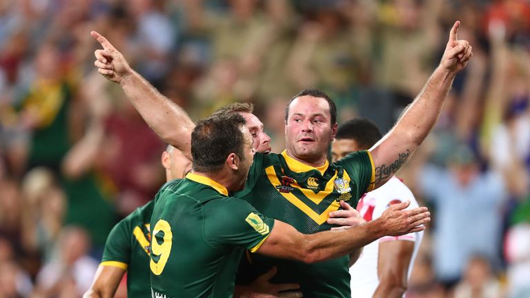 Boyd Cordner of Australia celebrates scoring the only try during the 2017 Rugby League World Cup final 