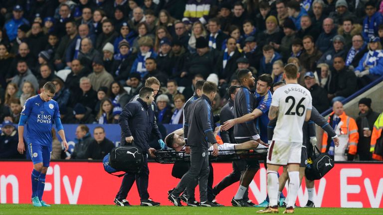 Burnley's Robbie Brady is stretchered off during their Premier League match with Leicester.