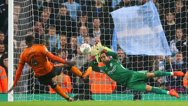 MANCHESTER, ENGLAND - OCTOBER 24:  Claudio Bravo of Manchester City saves penalty during the Carabao Cup Fourth Round match between Manchester City and Wol