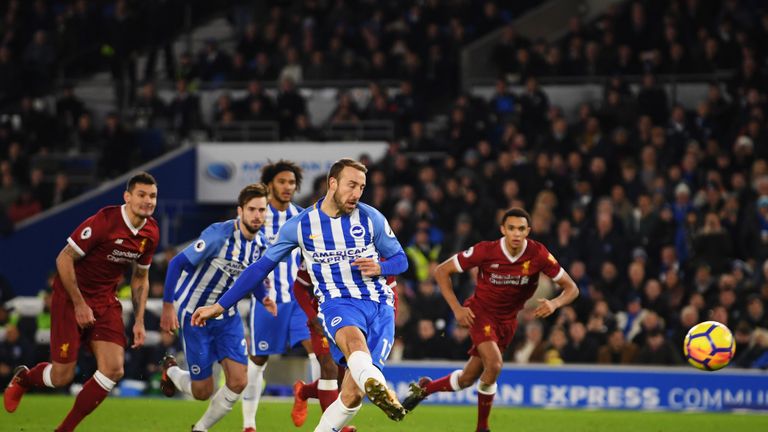 BRIGHTON, ENGLAND - DECEMBER 02: Glenn Murray of Brighton and Hove Albion scores his sides first goal from the penalty spot during the Premier League match