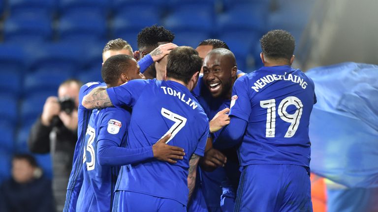 Sol Bamba celebrates his goal against Hull City during the Sky Bet Championship match at the Cardiff City Stadium