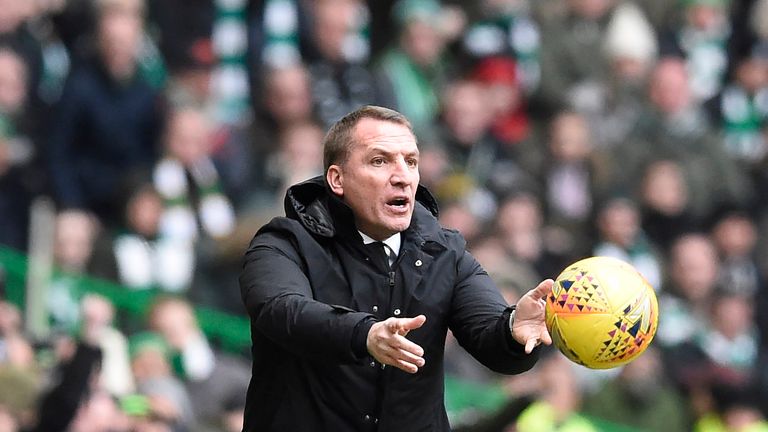 Brendan Rodgers retrieves the ball during the Scottish Premiership match at Celtic Park