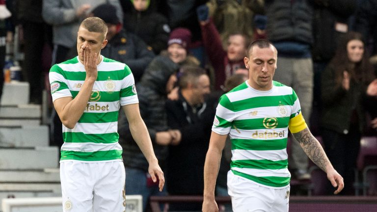 Dejection for Celtic's Jozo Simunovic (left) and Scott Brown after conceding a third goal