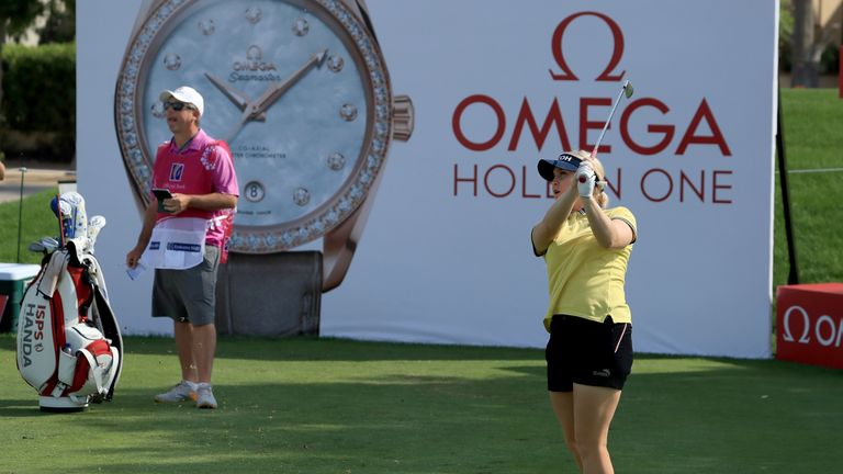DUBAI, UNITED ARAB EMIRATES - DECEMBER 08:  Charley Hull of England plays her tee shot on the par 3, seventh hole during the third round of the 2017 Dubai 