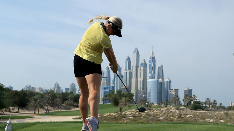 DUBAI, UNITED ARAB EMIRATES - DECEMBER 08:  Charley Hull of England plays her tee shot on the par 4, eighth hole during the third round of the 2017 Dubai L