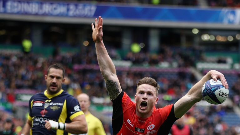 Chris Ashton dives over for Saracens