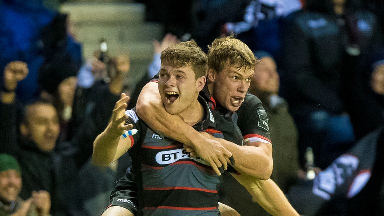 Guinness PRO14, BT Murrayfield, Edinburgh, Scotland 23/12/2017.Edinburgh vs Glasgow Warriors.Edinburgh's Chris Dean celebrates his winning try.