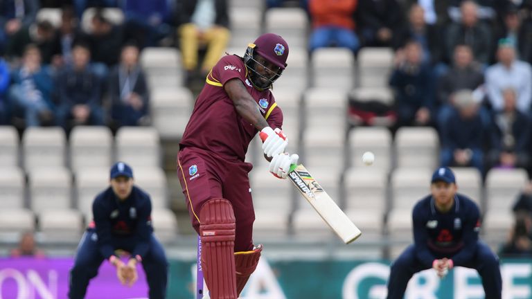 SOUTHAMPTON, ENGLAND - SEPTEMBER 29:  Chris Gayle of West Indies smashes a straight six during the 5th Royal London One Day International between England a