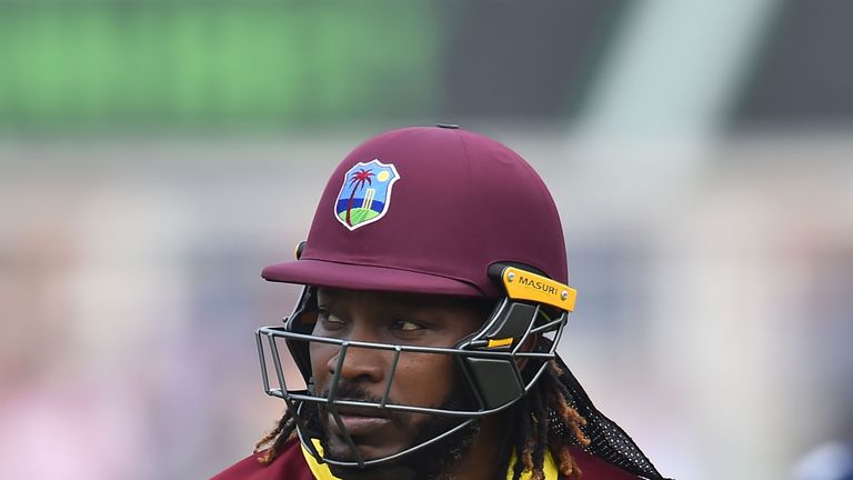 West Indies' Chris Gayle leaves the field after losing his wicket for two during the fourth One-Day International (ODI) cricket match between England and t