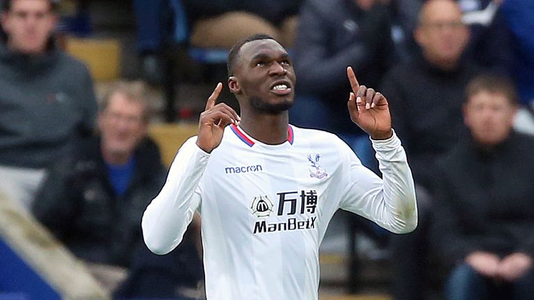 Crystal Palace's Christian Benteke celebrates scoring his side's first goal of the game during the Premier League match at the King Power Stadium, Leiceste