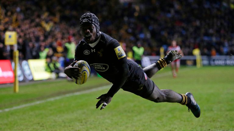 COVENTRY, ENGLAND - DECEMBER 23 2017: Christian Wade of Wasps scores a try during the Aviva Premiership match between Wasps and Gloucester 