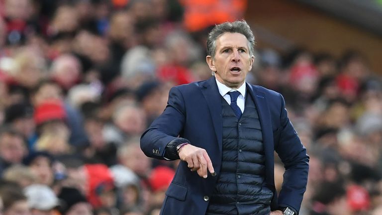 Leicester City's French manager Claude Puel gestures during the English Premier League football match between Liverpool and Leicester at Anfield in Liverpo