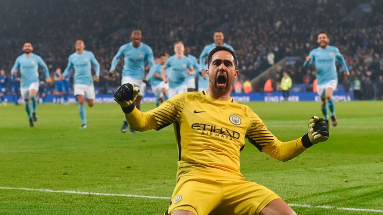 Claudio Bravo celebrates after saving Riyad Mahrez's penalty to win the shoot out 4-3 and advance to the Carabao Cup Semi-Final