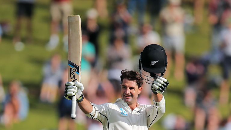 WELLINGTON, NEW ZEALAND - DECEMBER 02:  Colin de Grandhomme of New Zealand celebrates his maiden test century during day two of the Test match series betwe