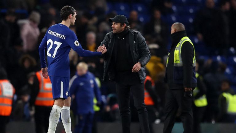 LONDON, ENGLAND - DECEMBER 16: Antonio Conte manager / head coach of Chelsea with Andreas Christensen of Chelsea during the Premier League match between Ch