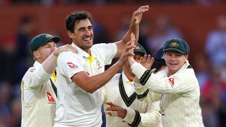 Mitchell Starc of Australia celebrates dismissing James Vince of England during day four of the Second Ashes Test match