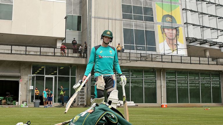 Australia captain Steve Smith his bags after a nets session in Melbourne