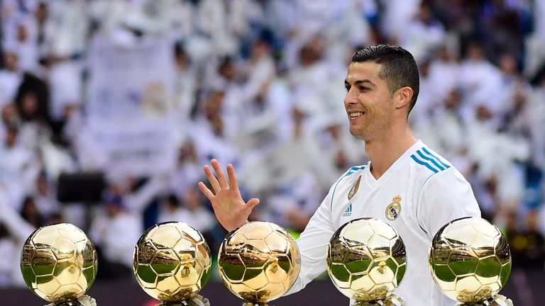 Real Madrid's Portuguese forward Cristiano Ronaldo poses with his five Ballon d'Or trophies ahead of the Spanish league football match between Real Madrid 