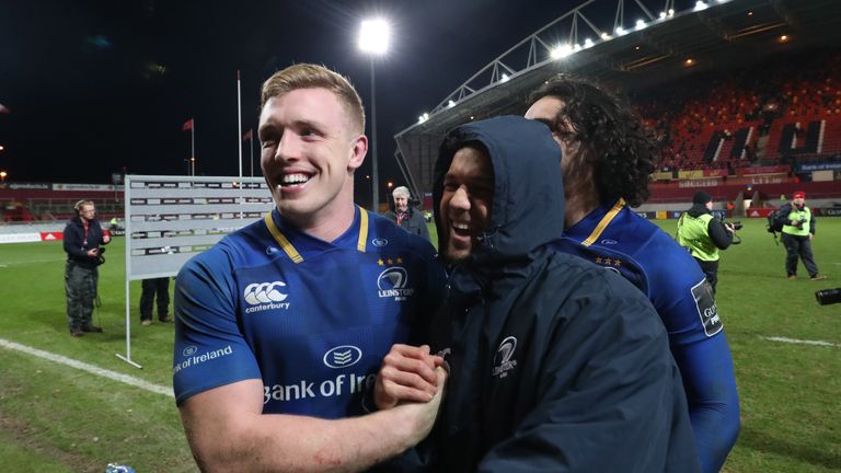 Dan Leavy celebrates with Jamison Gibson Park after their side's derby victory