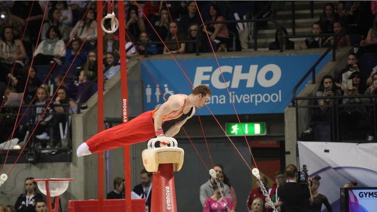 World and Olympic medallist Dan Purvis on the pommel horse at the Echo Arena during the British Gymnastics Championships