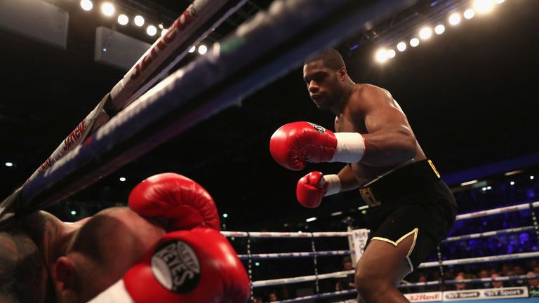  Daniel Dubois (R) in action as he beats Dorian Darch in the Heavyweight contest at Copper Box Arena on December 9, 2017.