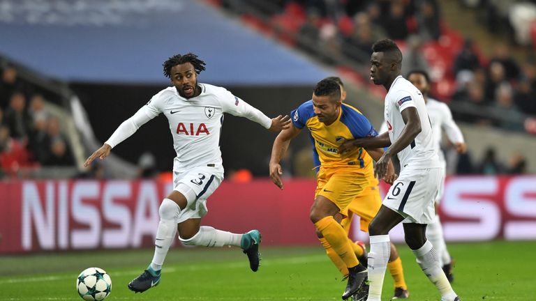 LONDON, ENGLAND - DECEMBER 06: Danny Rose of Tottenham Hotspur is challenged by Lorenzo Ebecilio of Apoel FC during the UEFA Champions League group H match