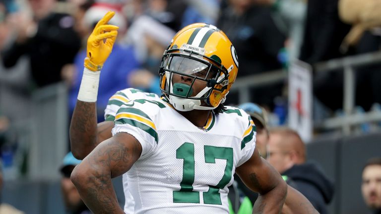 CHARLOTTE, NC - DECEMBER 17:  Davante Adams #17 of the Green Bay Packers reacts after scoring a touchdown against the Carolina Panthers in the first quarte