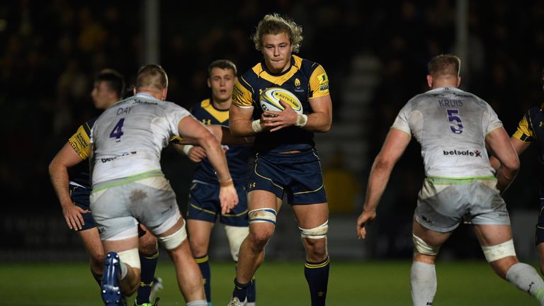 Warriors player David Denton in action during the Aviva Premiership match between Worcester Warriors and Saracens at Sixways