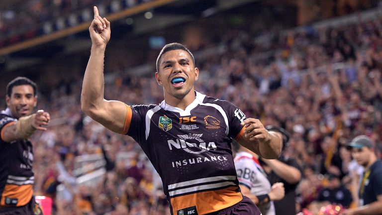 BRISBANE, AUSTRALIA - APRIL 06:  David Mead of the Broncos celebrates scoring a try during the round six NRL match between the Brisbane Broncos and the Syd