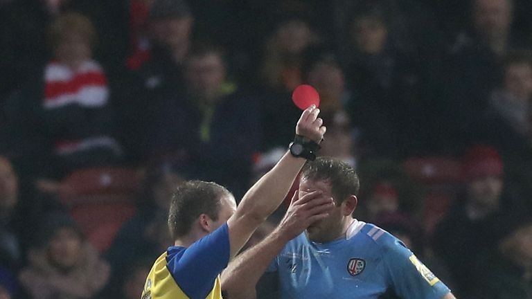 GLOUCESTER - DECEMBER 02 2017:  David Paice of London Irish holds his face after he is sent off during the Aviva Premiership match against Gloucester