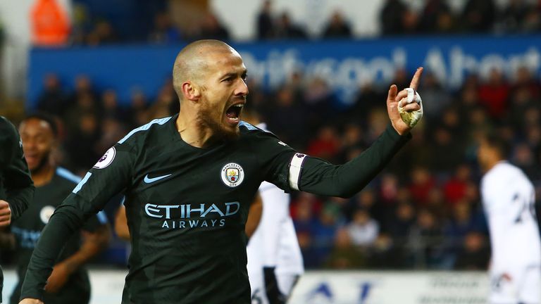 David Silva scores his second and Manchester City's third at the Liberty Stadium