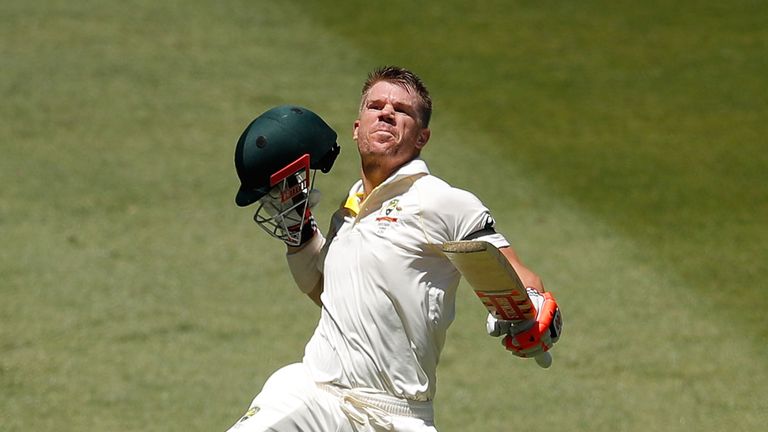MELBOURNE, AUSTRALIA - DECEMBER 26:  David Warner of Australia celebrates after reaching his century during day one of the Fourth Test Match in the 2017/18