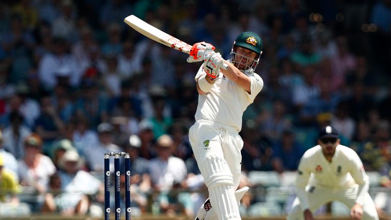 PERTH, AUSTRALIA - DECEMBER 15: David Warner of Australia bats during day two of the Third Test match during the 2017/18 Ashes Series between Australia and