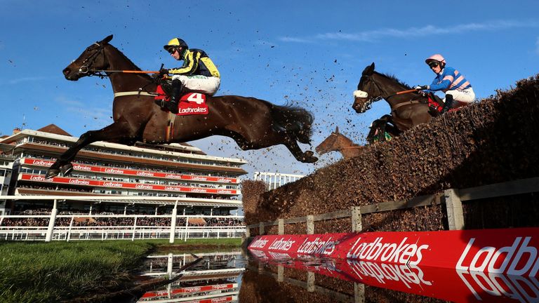 Willoughby Court and Nico de Boinville clear the water jump at Newbury