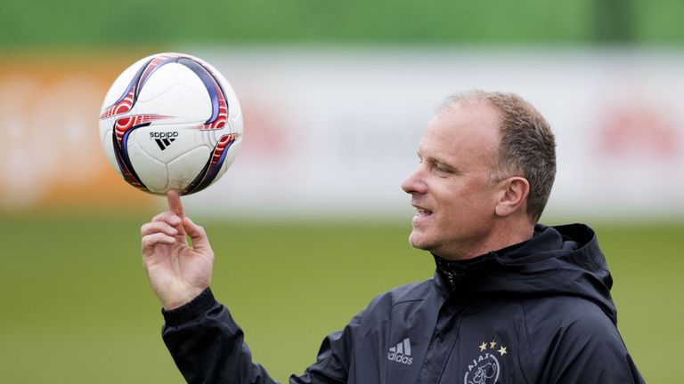 Ajax's Dennis Bergkamp takes part in a training session before the UEFA Europa League match against Schalke 04, in Amsterdam, on April 12, 2017. / AFP PHOT