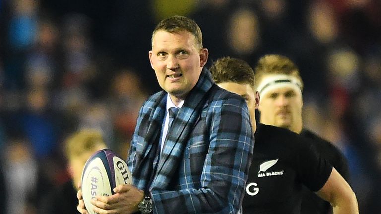 former Scotland rugby international Doddie Weir delivers the ball during the international rugby union test match between Scotland and New Zealand at Murra