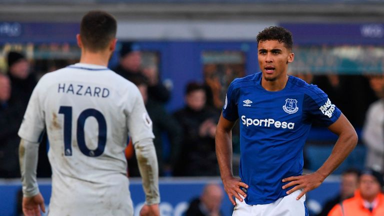 Everton's English striker Dominic Calvert-Lewin gestures on the pitch after the English Premier League football match between Everton and Chelsea at Goodis