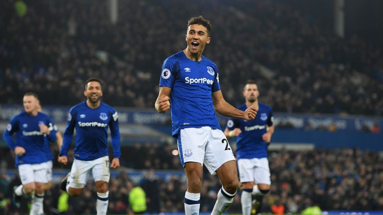 LIVERPOOL, ENGLAND - DECEMBER 18:  Dominic Calvert-Lewin of Everton celebrates as he scores their first goal during the Premier League match between Everto