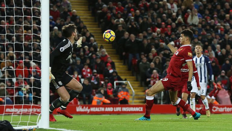 Liverpool's Dominic Solanke scores but it is disallowed during the Premier League match at Anfield, Liverpool.