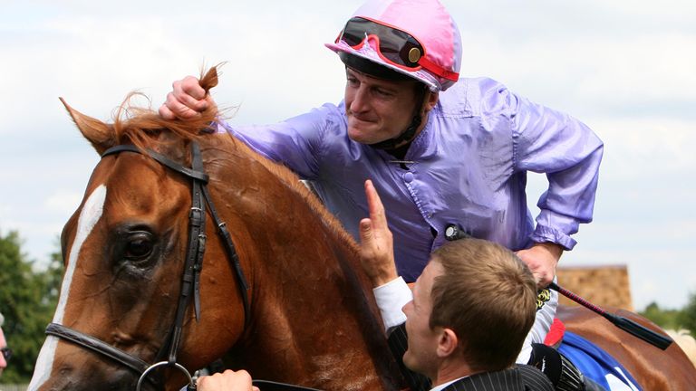 Steve Drowne celebrates on Sakhee's Secret 