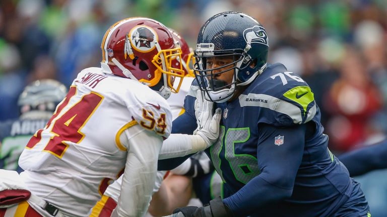 SEATTLE, WA - NOVEMBER 05:  Offensive tackle Duane Brown #76 of the Seattle Seahawks pass blocks against linebacker Mason Foster #54 of the Washington Reds